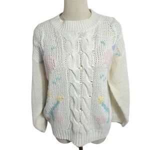 Midnight Blues Hand Knit Vintage White Floral Sweater